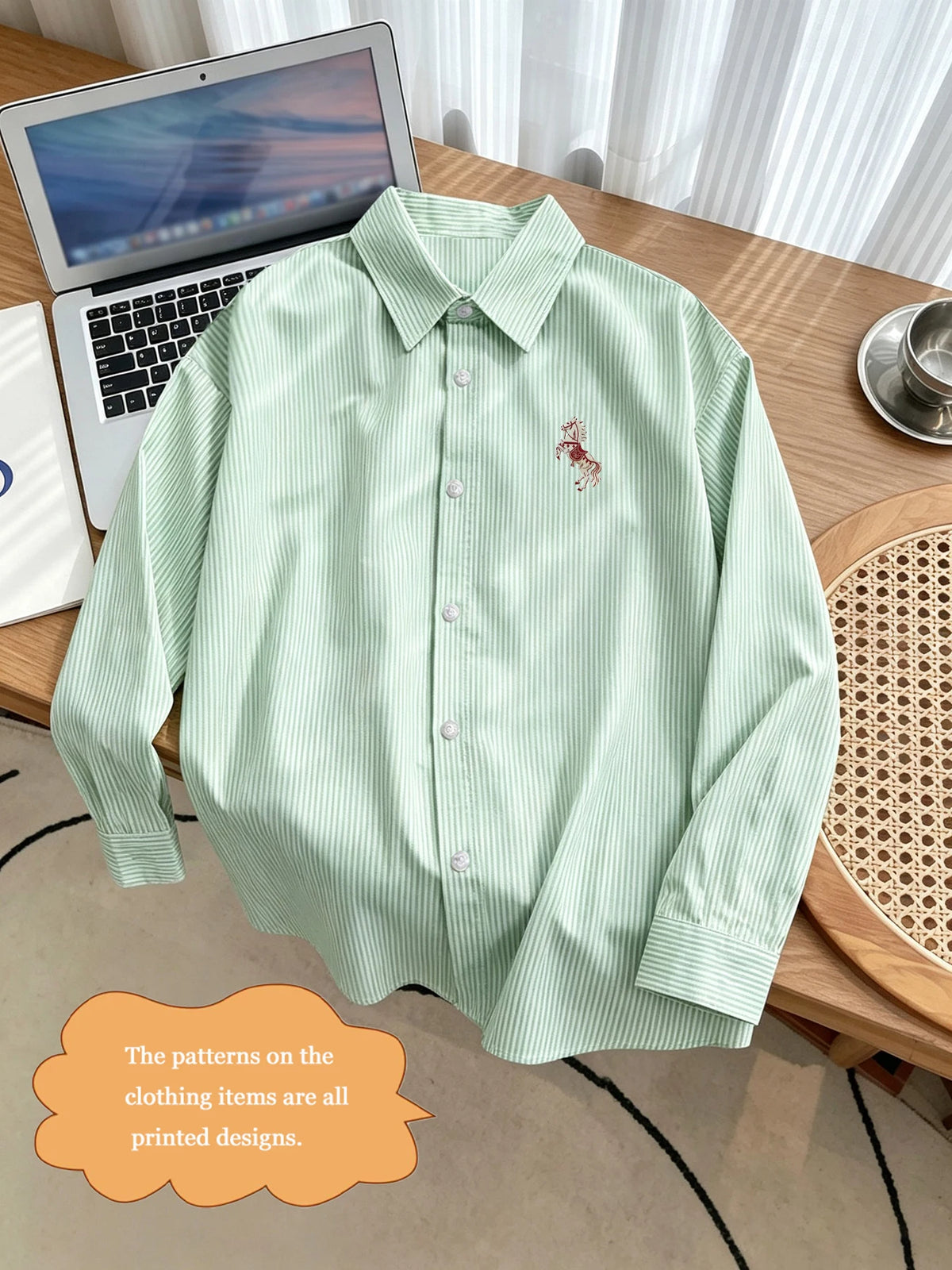 Chemise Homme Rayée à Manches Longues – Motif Cheval Brodé & Style Casual – Printemps & Automne