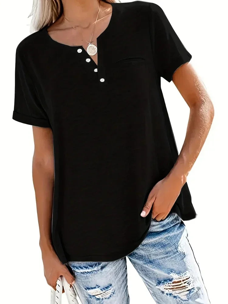 T-Shirt Femme Grande Taille (XL à 8XL) à Col V, Manches Courtes & Poches – Casual Printemps/Été