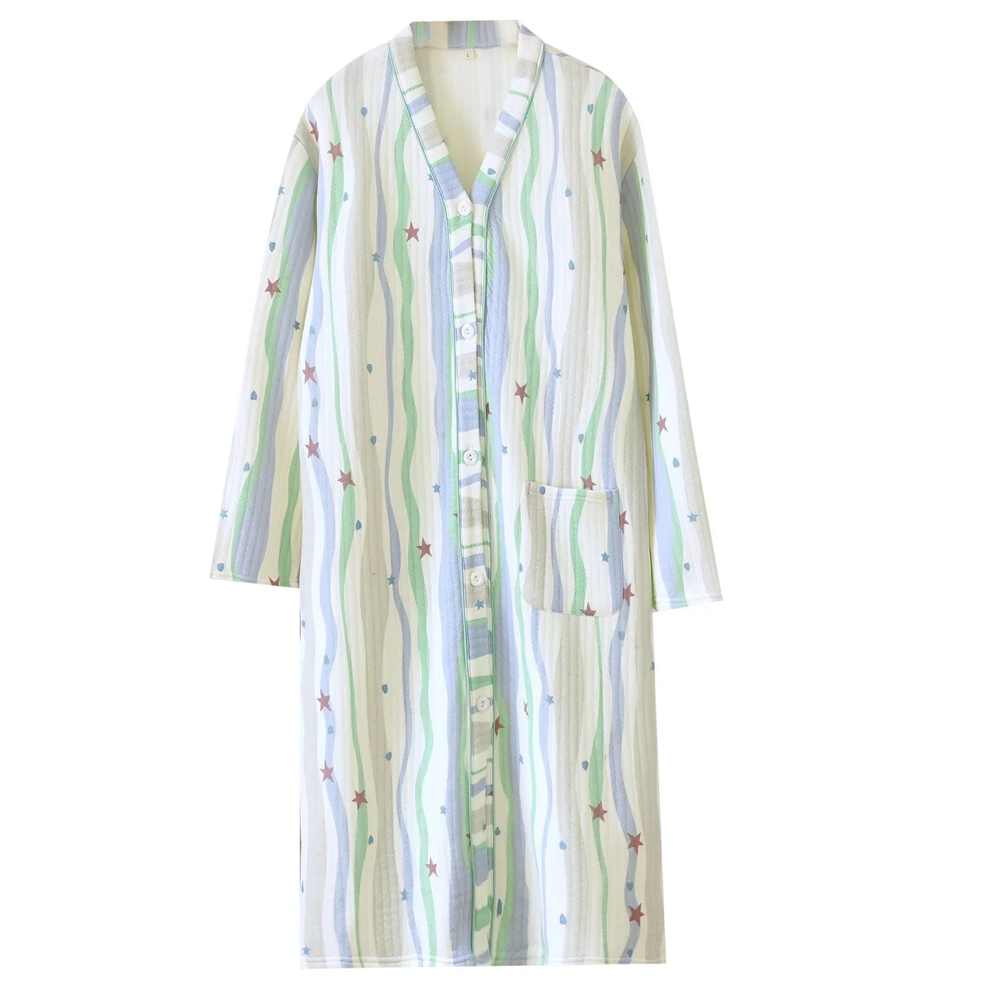 Robe de Nuit Femme en Coton Épais – Motifs, Col V et Manches Longues
