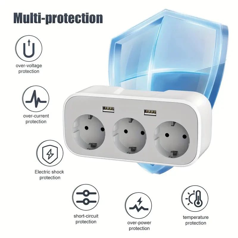 Adaptateur Mural Direct 3 Prises+ 2 USB | 4000W | Compact | Protection Surtension