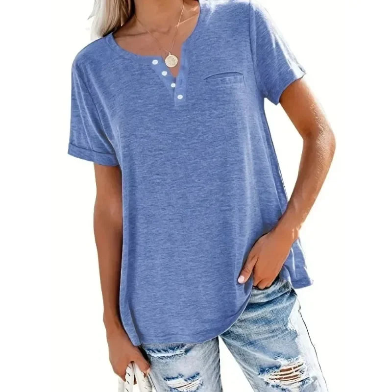 T-Shirt Femme Grande Taille (XL à 8XL) à Col V, Manches Courtes & Poches – Casual Printemps/Été