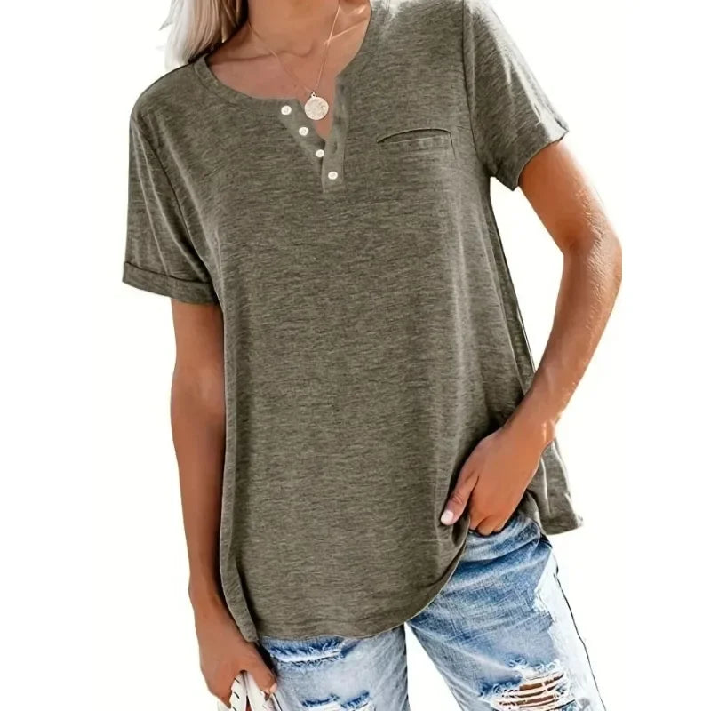 T-Shirt Femme Grande Taille (XL à 8XL) à Col V, Manches Courtes & Poches – Casual Printemps/Été