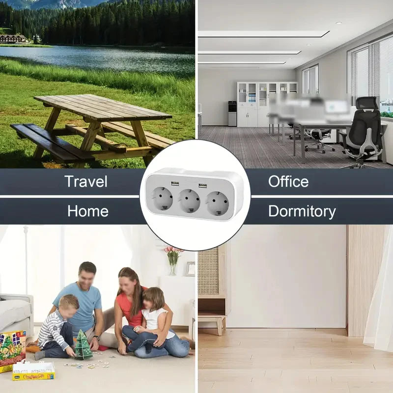 Adaptateur Mural Direct 3 Prises+ 2 USB | 4000W | Compact | Protection Surtension