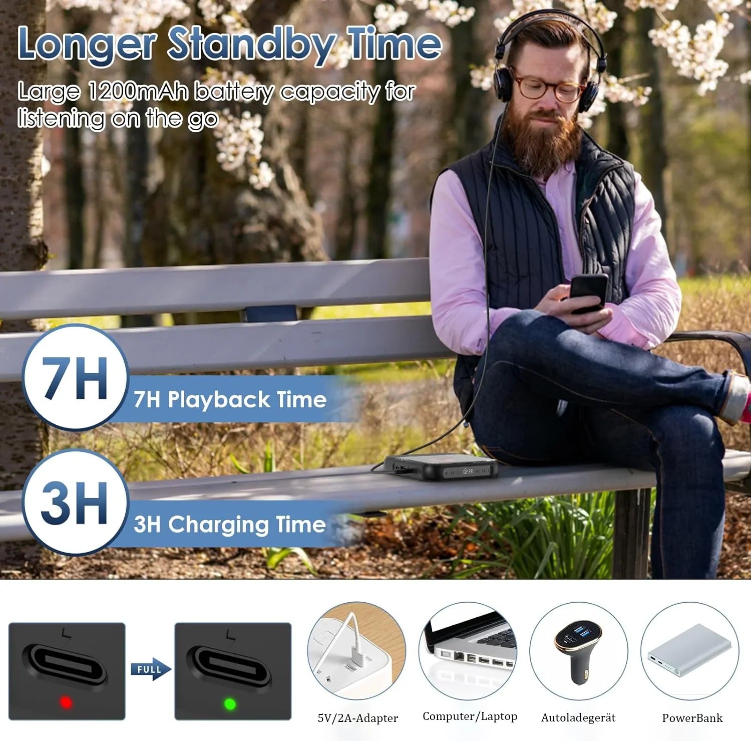 Lecteur CD Bluetooth Portable Ultra Plat à Grande Autonomie