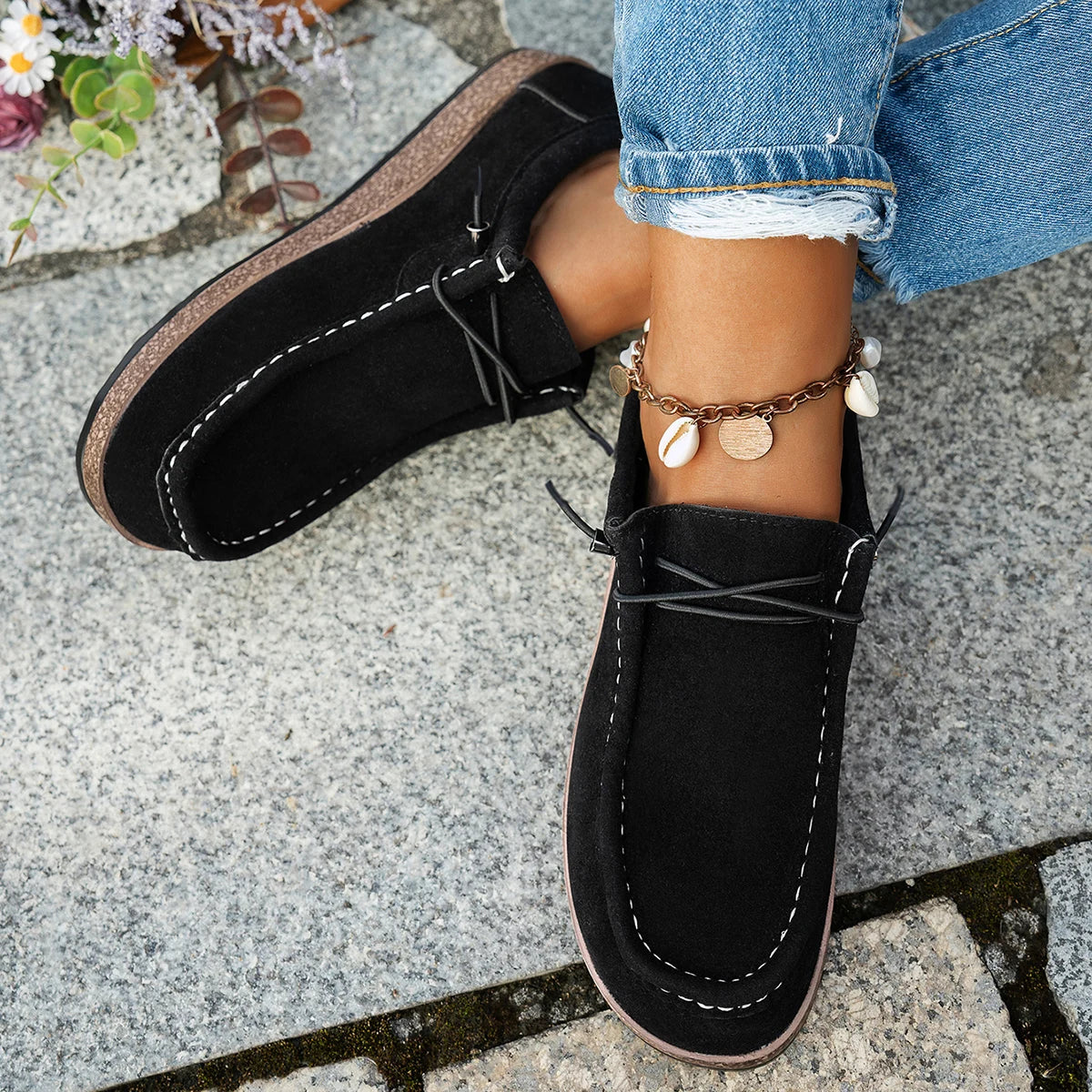 Mocassins Bateau à Lacets Décontractés en Suédine – Semelle Plate Confortable