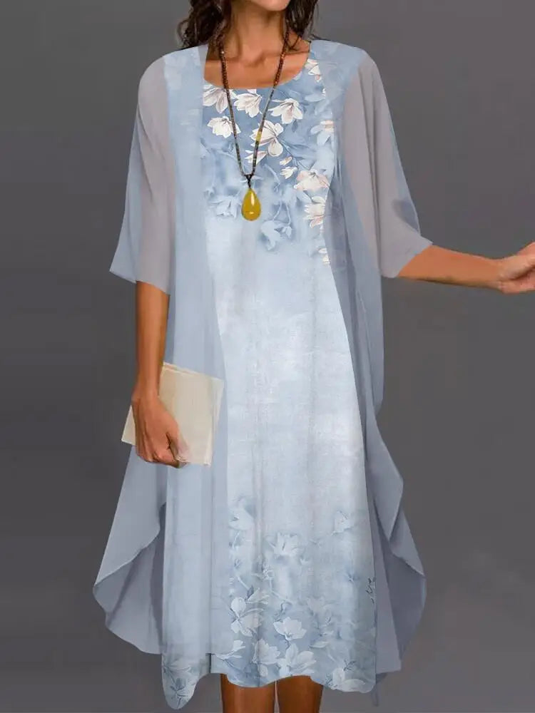 Robe d’Été Femme 2 Pièces avec Châle en Mousseline – Imprimé Floral et Coupe Décontractée