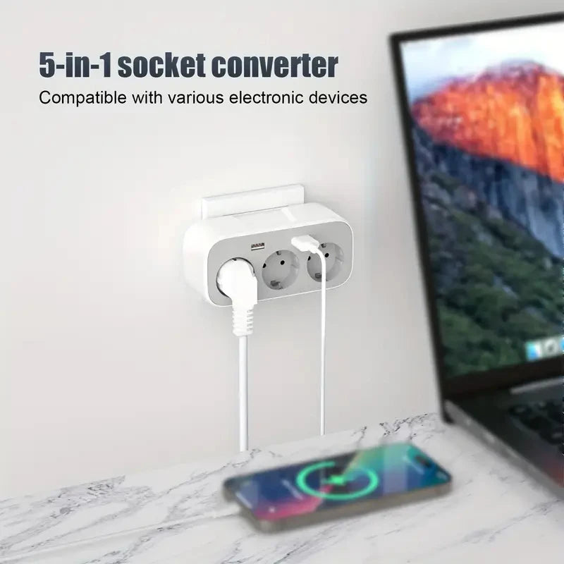 Adaptateur Mural Direct 3 Prises+ 2 USB | 4000W | Compact | Protection Surtension