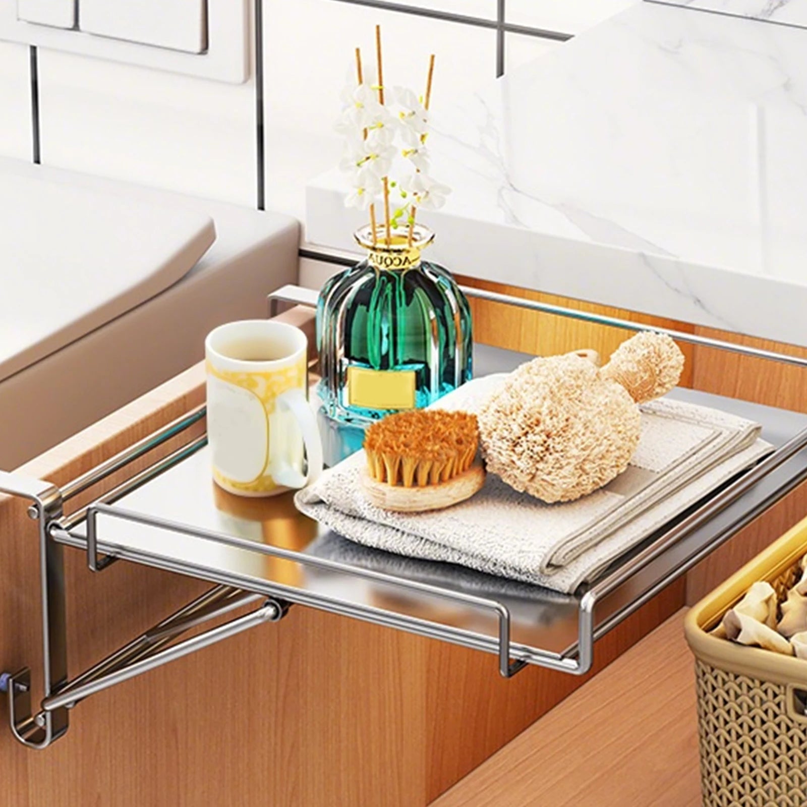 Étagère Pliable en Acier Inox – Extension Suspendu Sans Perçage pour Cuisine et Salle de Bain