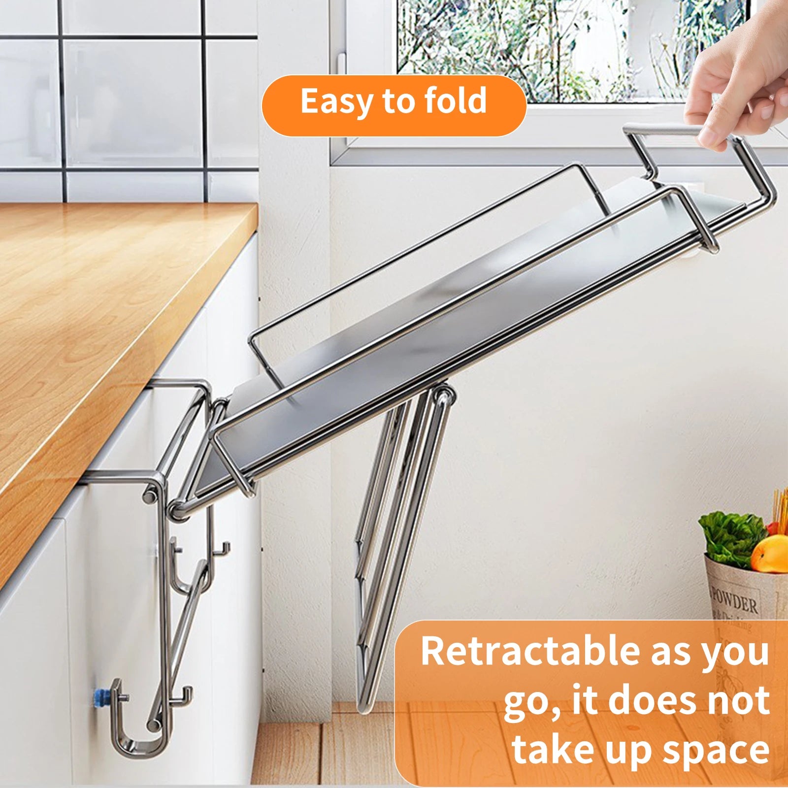 Étagère Pliable en Acier Inox – Extension Suspendu Sans Perçage pour Cuisine et Salle de Bain