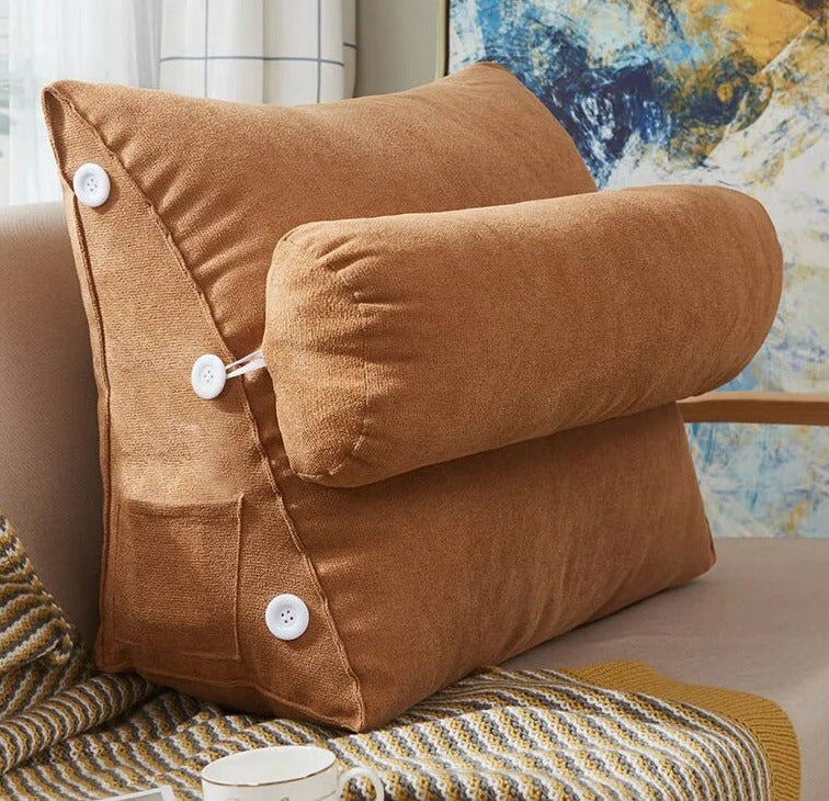 Coussin de lecture triangulaire avec appui-tête et poche latérale