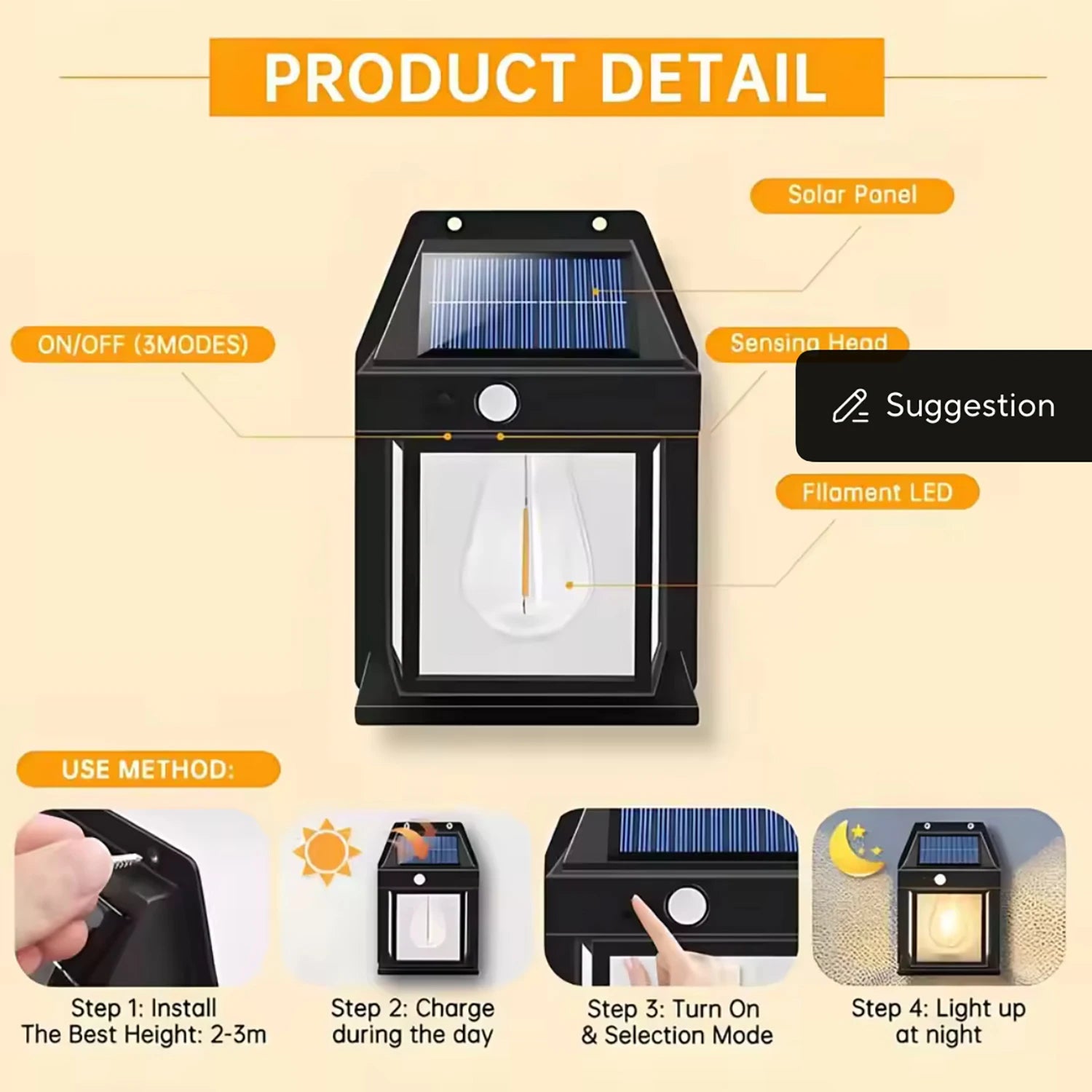 Lampe Extérieure Solaire – Détecteur + Style Vintage