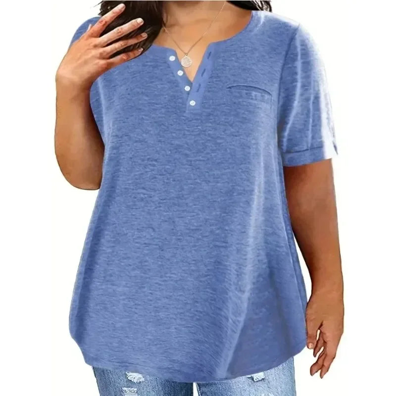 T-Shirt Femme Grande Taille (XL à 8XL) à Col V, Manches Courtes & Poches – Casual Printemps/Été