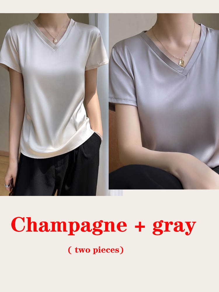 T-shirt col V en satin léger pour femme