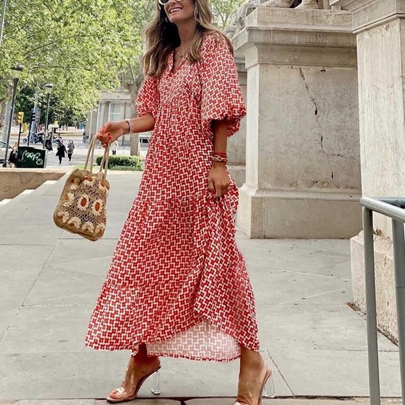 Robe longue élégante à manches bouffantes - Motifs