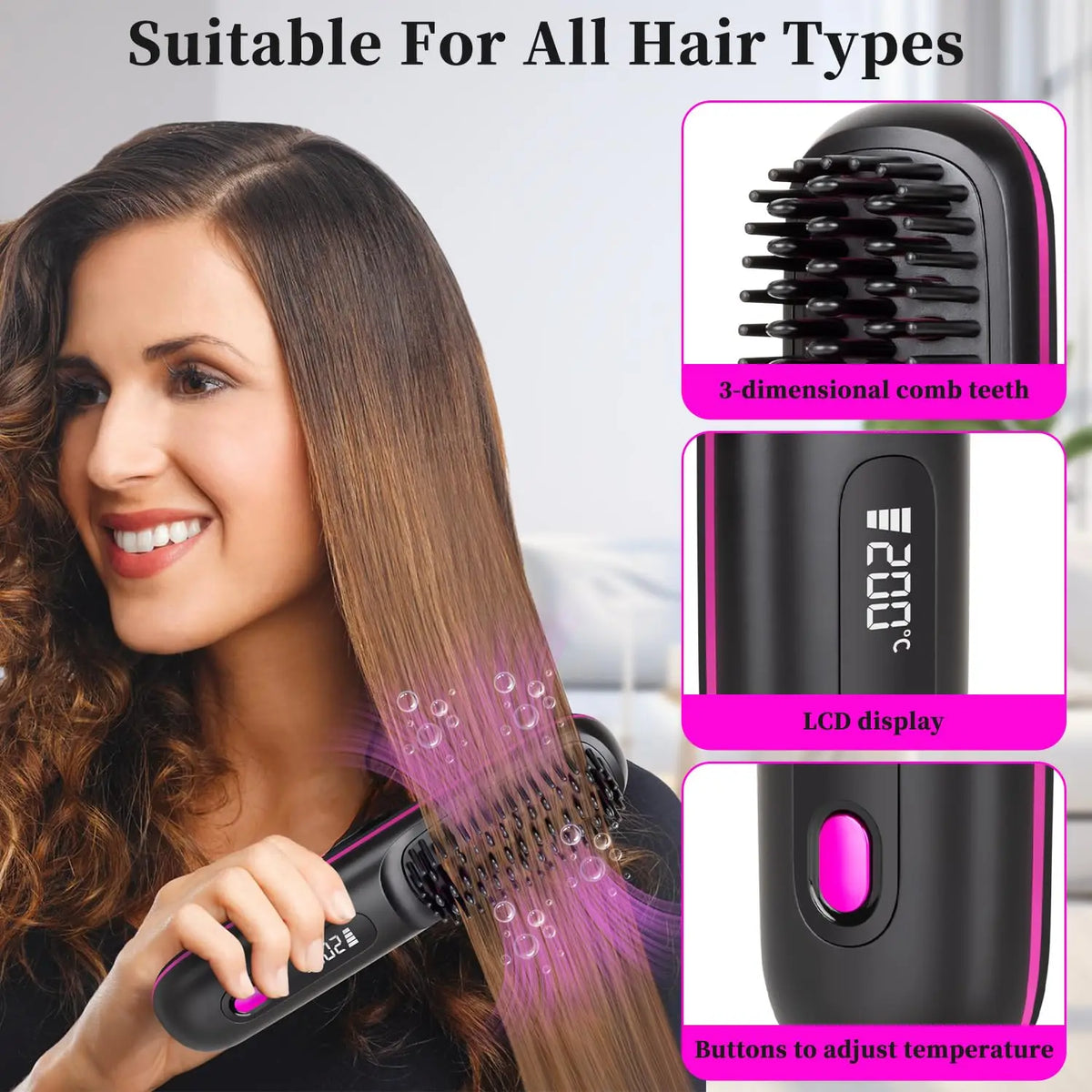 Mini Brosse Lissante Sans Fil de Voyage – Céramique Ionique, Écran LED + Peigne & 2 Pinces Offerts