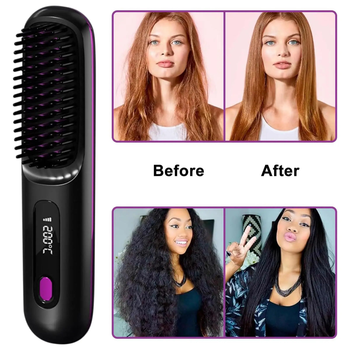 Mini Brosse Lissante Sans Fil de Voyage – Céramique Ionique, Écran LED + Peigne & 2 Pinces Offerts