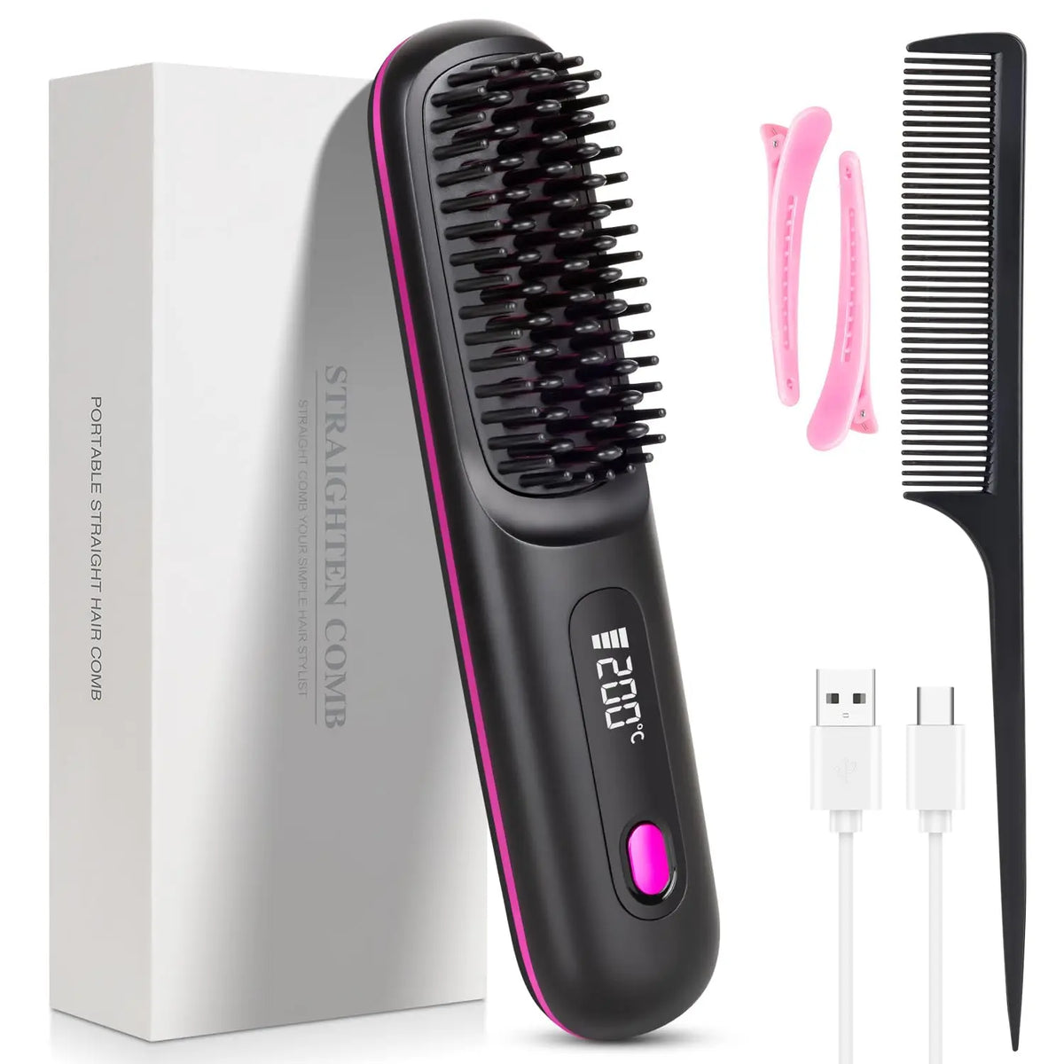 Mini Brosse Lissante Sans Fil de Voyage – Céramique Ionique, Écran LED + Peigne & 2 Pinces Offerts