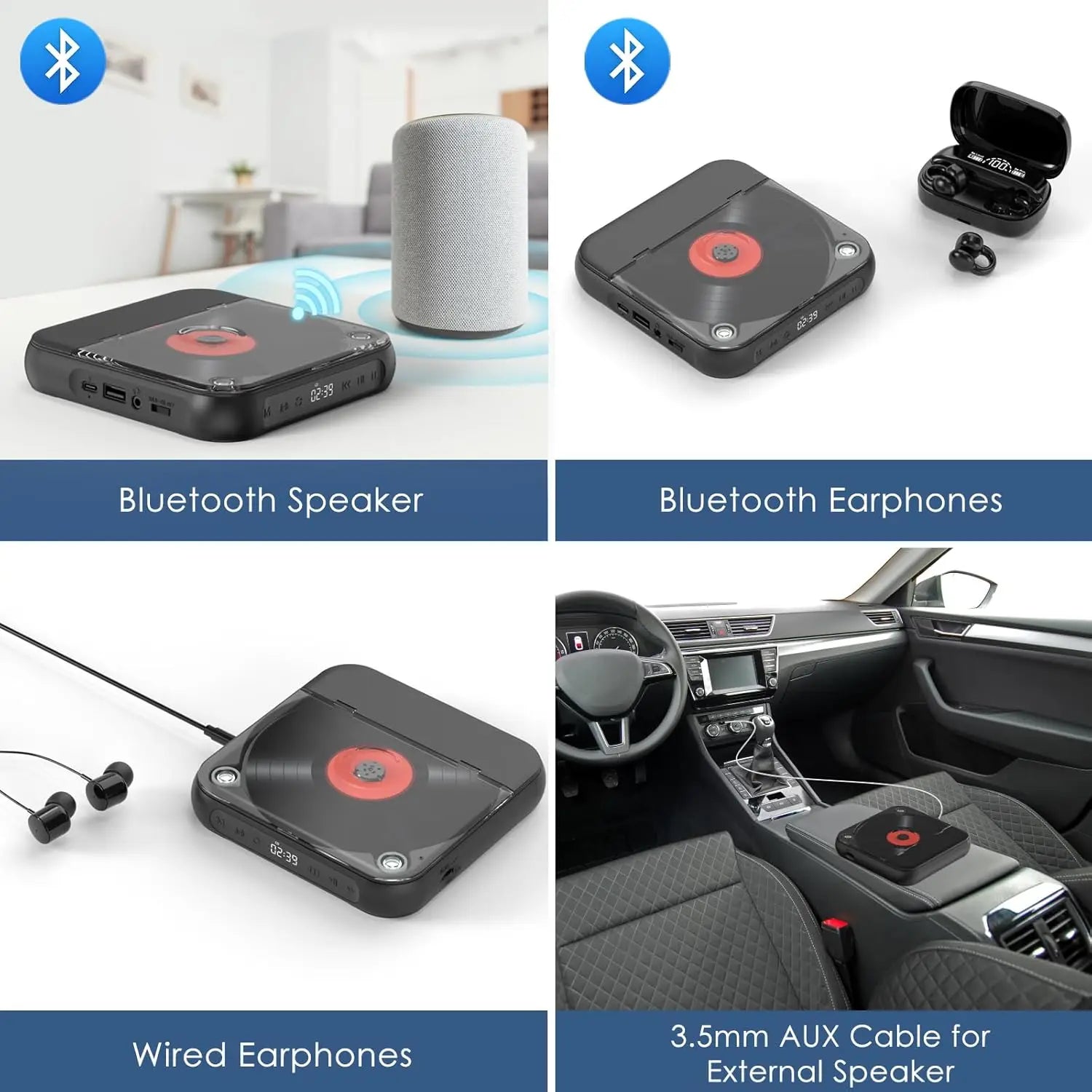 Lecteur CD Bluetooth Portable Ultra Plat à Grande Autonomie