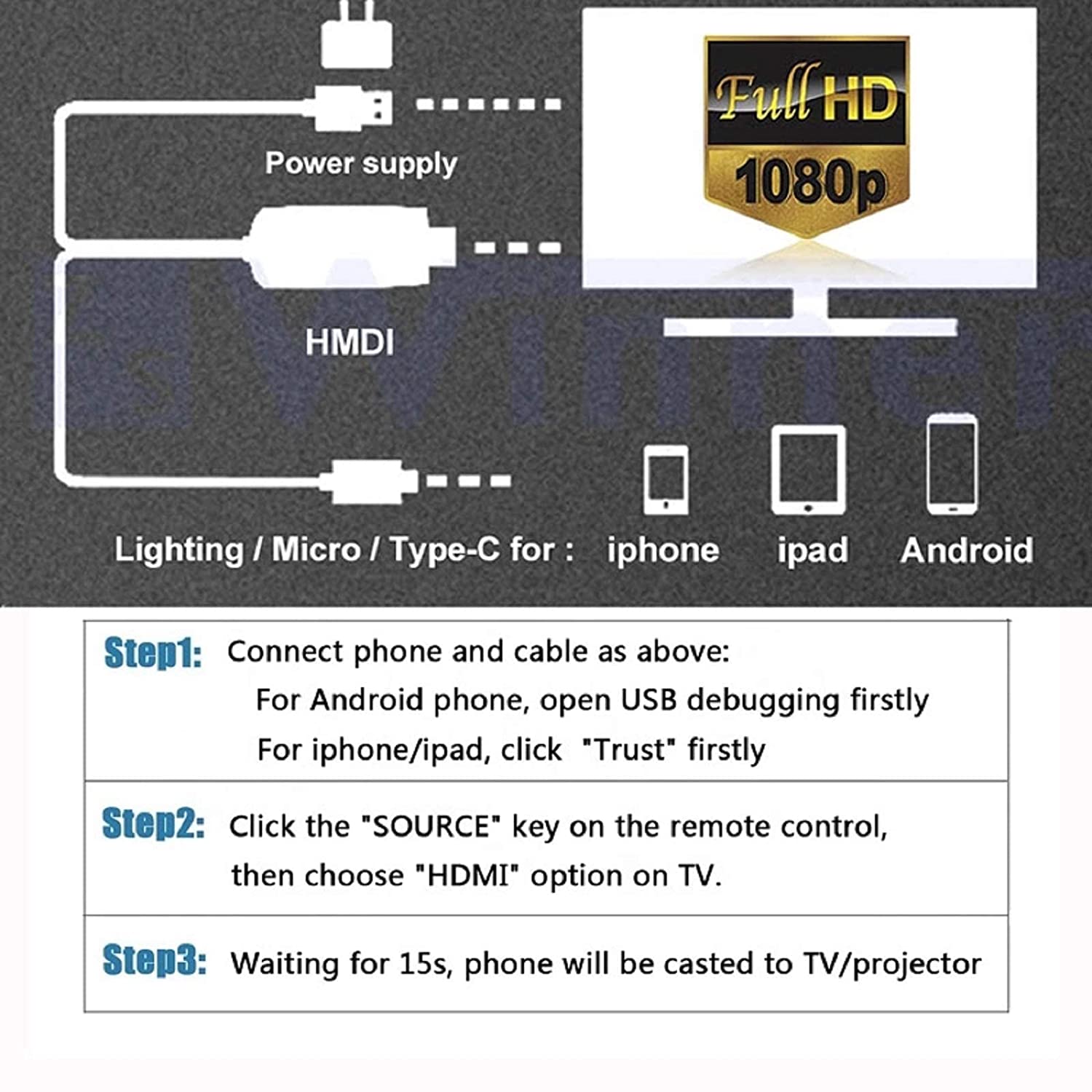Câble HDMI smartphone 3 en 1 - Votre téléphone sur la TV