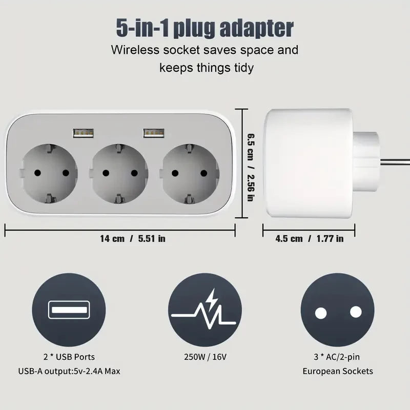 Adaptateur Mural Direct 3 Prises+ 2 USB | 4000W | Compact | Protection Surtension