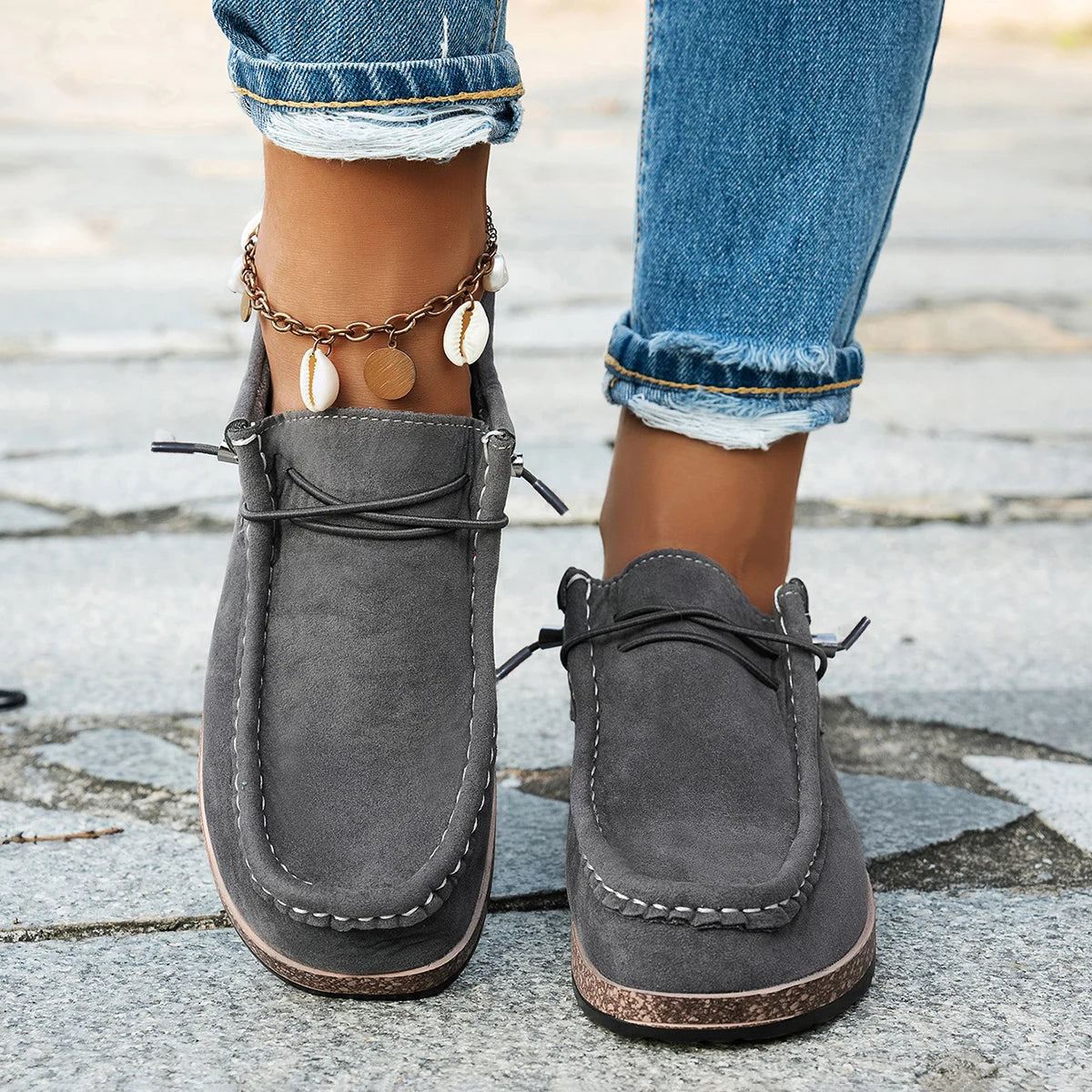 Mocassins Bateau à Lacets Décontractés en Suédine – Semelle Plate Confortable