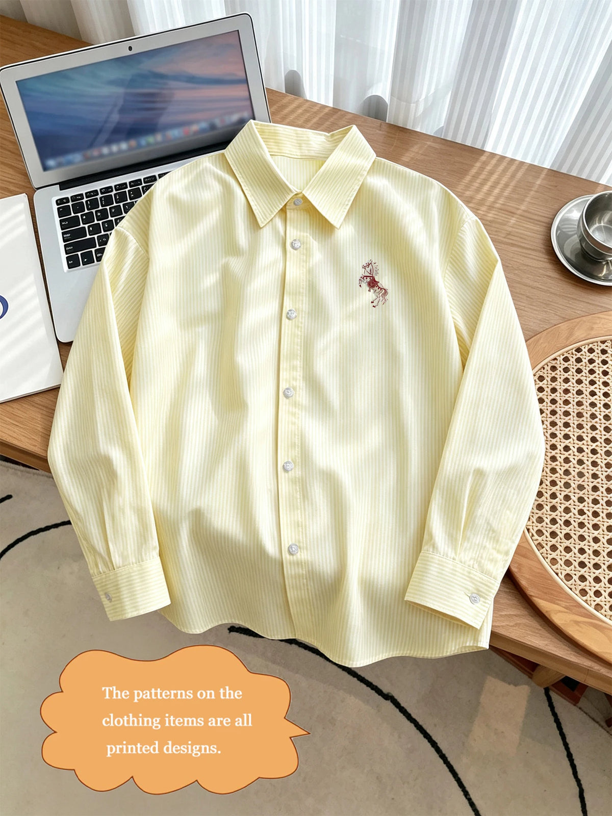 Chemise Homme Rayée à Manches Longues – Motif Cheval Brodé & Style Casual – Printemps & Automne