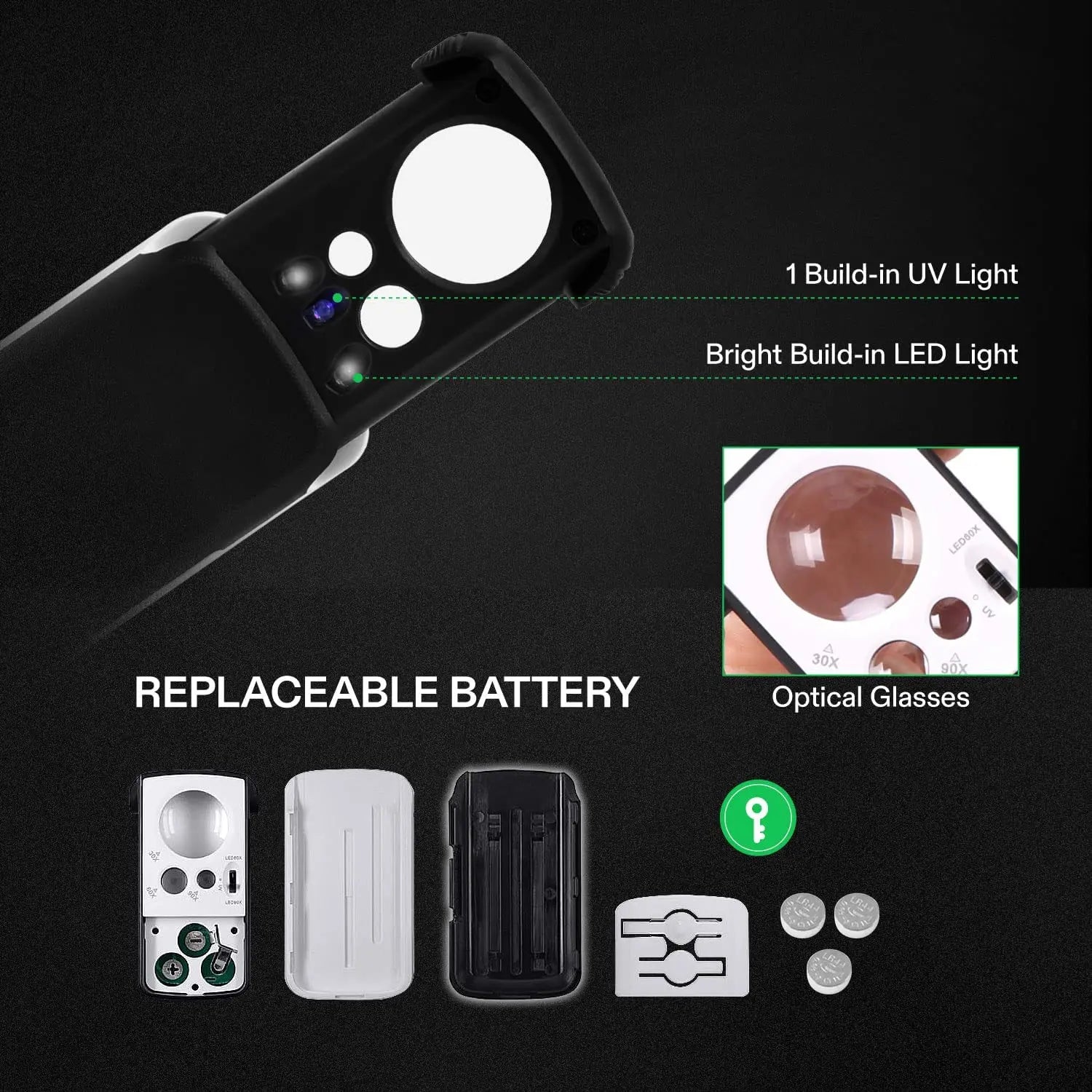 Mini loupe rétractable 30x, 60x, 90x avec LED et Lumière UV