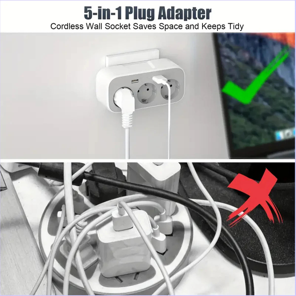 Adaptateur Mural Direct 3 Prises+ 2 USB | 4000W | Compact | Protection Surtension