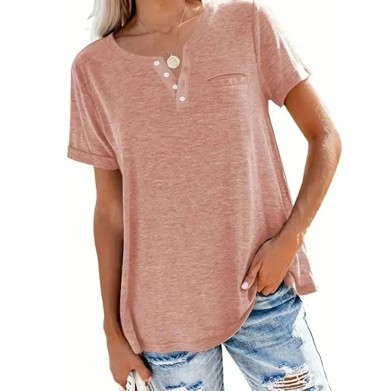 T-Shirt Femme Grande Taille (XL à 8XL) à Col V, Manches Courtes & Poches – Casual Printemps/Été