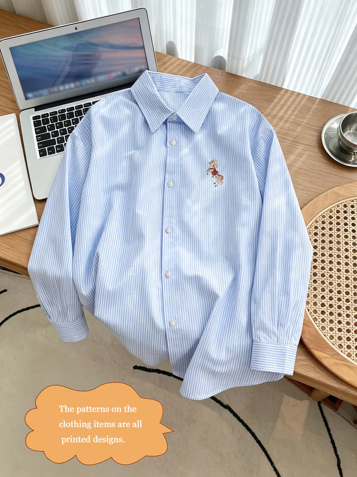Chemise Homme Rayée à Manches Longues – Motif Cheval Brodé & Style Casual – Printemps & Automne