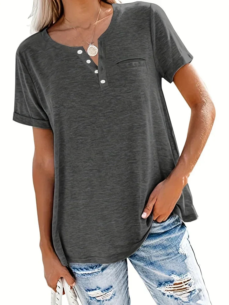 T-Shirt Femme Grande Taille (XL à 8XL) à Col V, Manches Courtes & Poches – Casual Printemps/Été