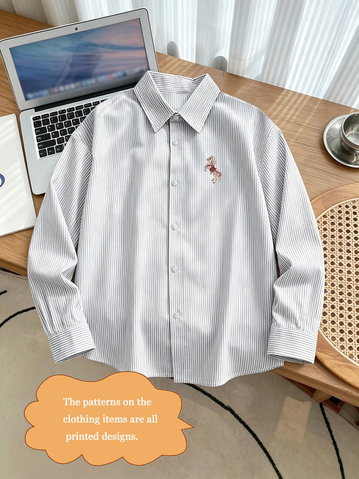 Chemise Homme Rayée à Manches Longues – Motif Cheval Brodé & Style Casual – Printemps & Automne