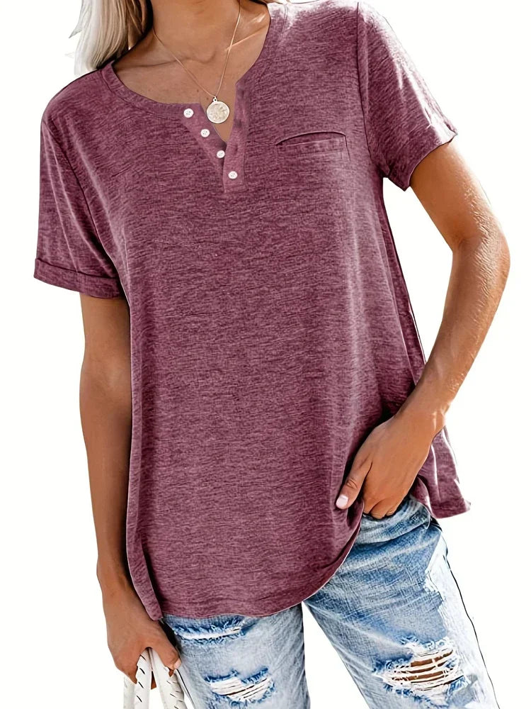 T-Shirt Femme Grande Taille (XL à 8XL) à Col V, Manches Courtes & Poches – Casual Printemps/Été