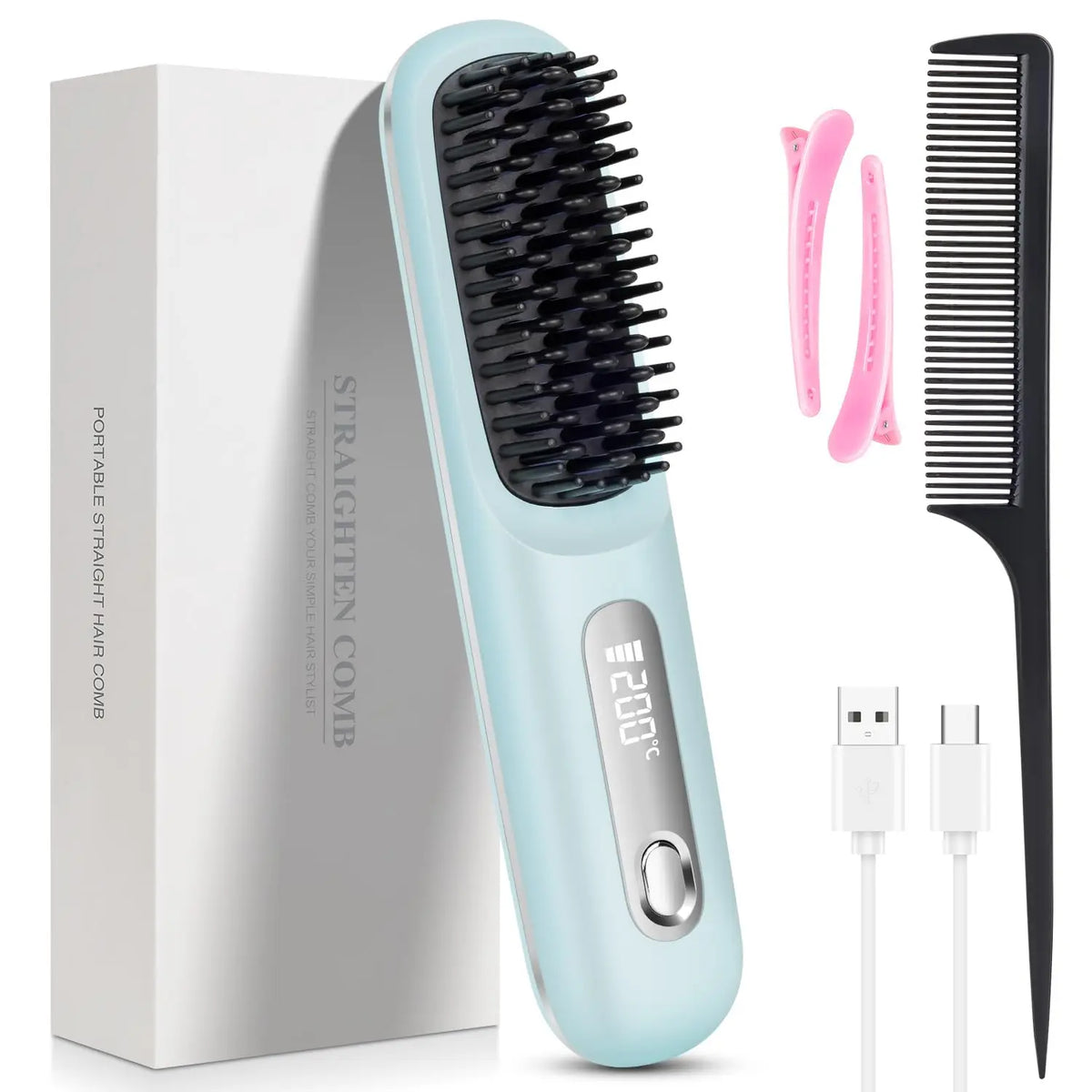 Mini Brosse Lissante Sans Fil de Voyage – Céramique Ionique, Écran LED + Peigne & 2 Pinces Offerts