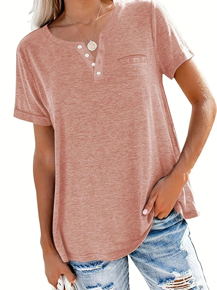 T-Shirt Femme Grande Taille (XL à 8XL) à Col V, Manches Courtes & Poches – Casual Printemps/Été