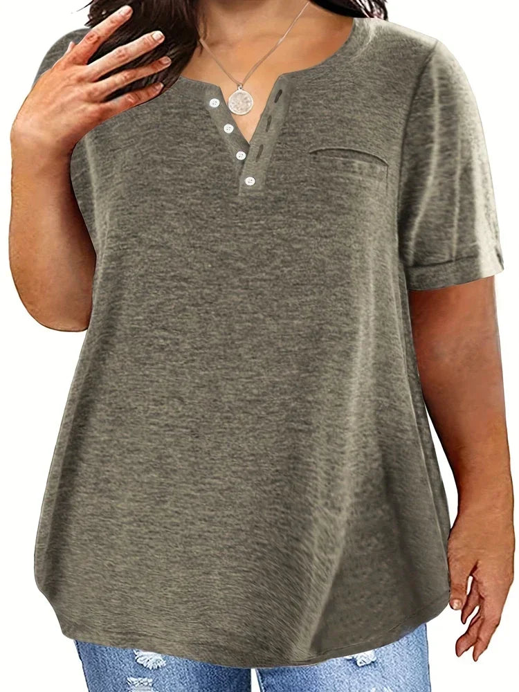 T-Shirt Femme Grande Taille (XL à 8XL) à Col V, Manches Courtes & Poches – Casual Printemps/Été