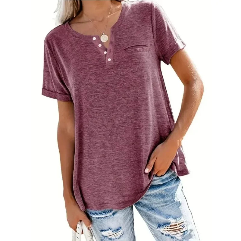 T-Shirt Femme Grande Taille (XL à 8XL) à Col V, Manches Courtes & Poches – Casual Printemps/Été