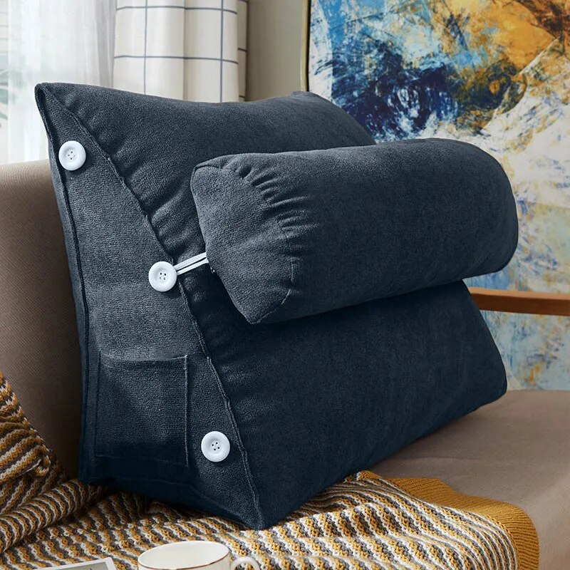 Coussin de lecture triangulaire avec appui-tête et poche latérale