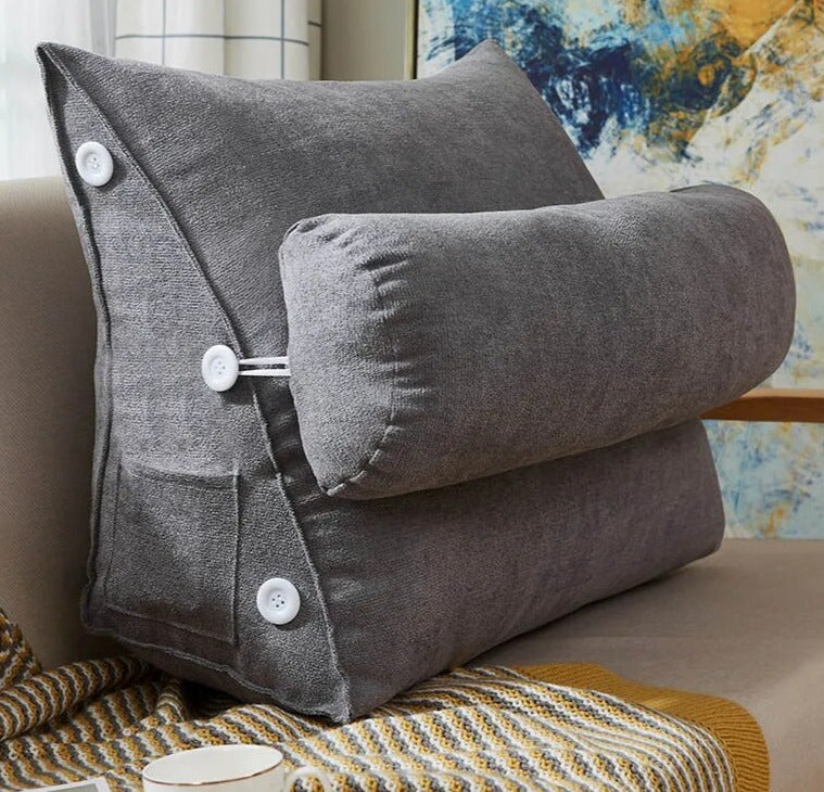 Coussin de lecture triangulaire avec appui-tête et poche latérale